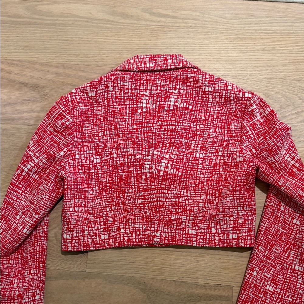 STAUD Textured Red and White Cropped Blazer - Picture 8 of 9